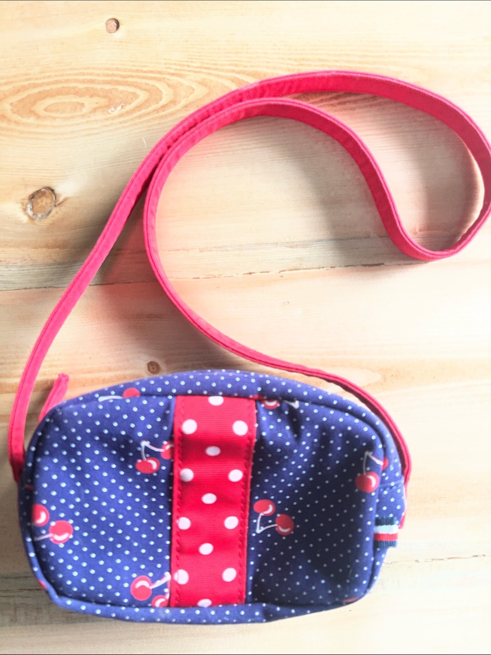 NmCherry and Polka Dot Navy Crossbody Bag with Red Strap
